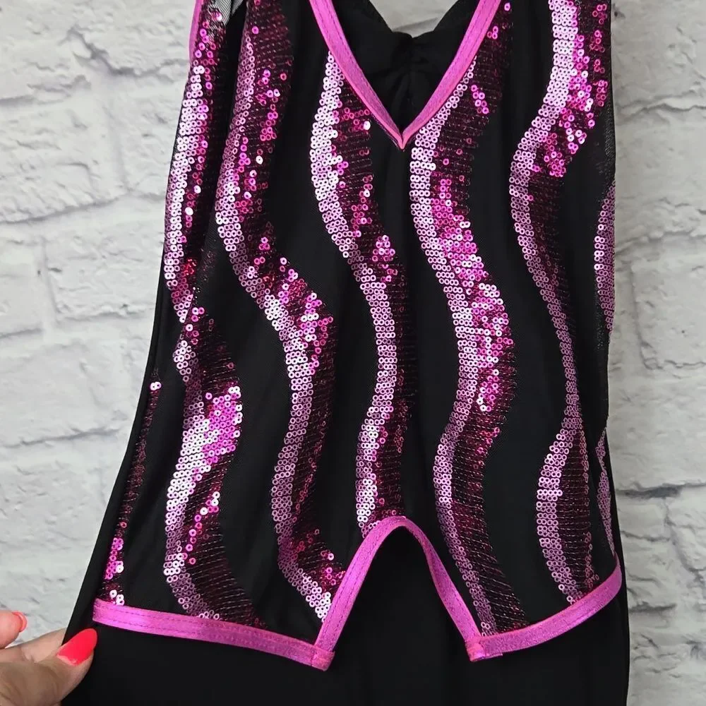 Girls Weissman Pink Sequin Halter Biketard Sleeveless Mesh Leotard Dance Costume